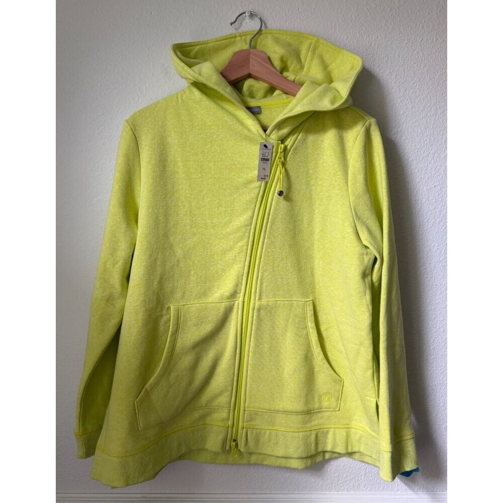 T BY TALBOTS Brushed Terry Asymmetrical Hooded Jacket Petite LG Lime Green NEW